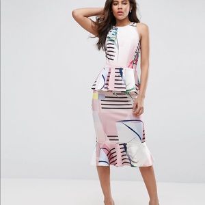 ASOS TALL Double Peplum Pencil Dress In Cutabout Stripe And Floral Print